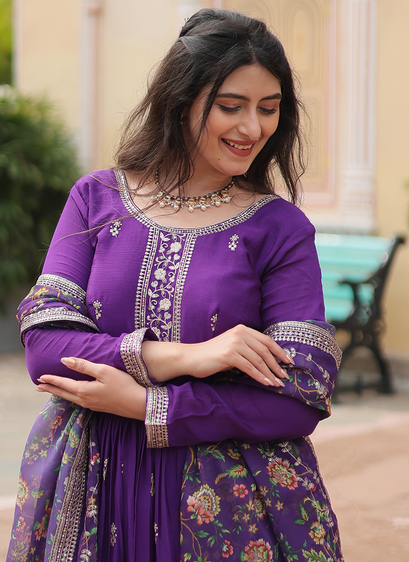 Purple Trendy Readymade Patiyala Dress With Embroidery Work main image 1